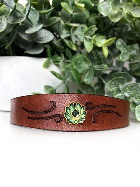 MishaGirl Handmade Thin Engraved Leather Bracelet, Green Lotus Bead